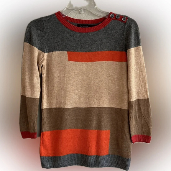 The Limited 3/4 Sleeve Lightweight Color Block Sweater, Brown/Orange/Grey, S - Picture 1 of 7